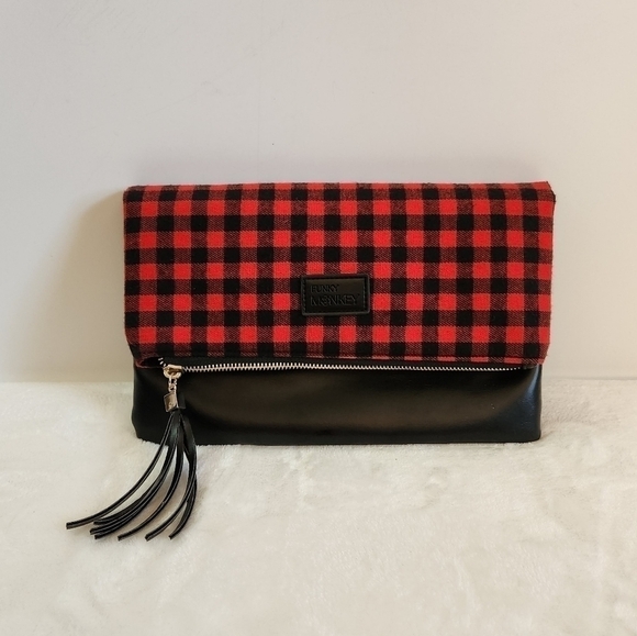 Funky Monkey Red Black Buffalo Check Plaid Foldover Clutch Bag Purse NWOT - Picture 3 of 11
